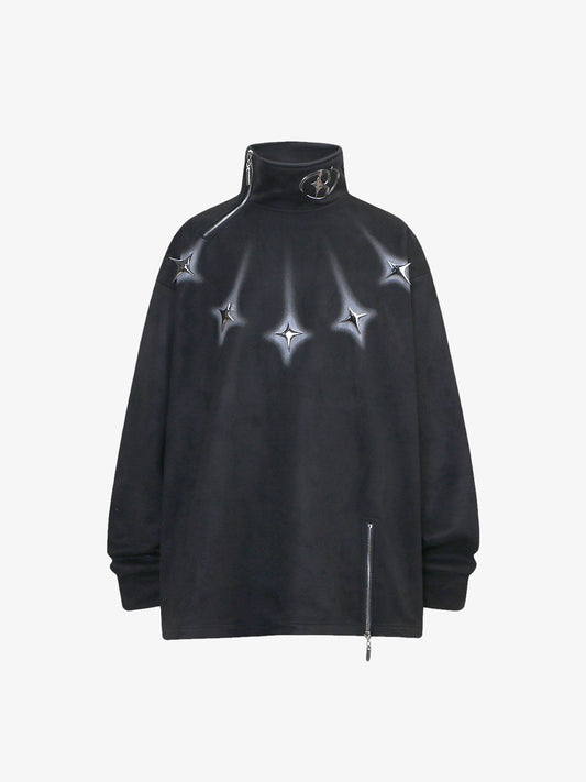 Thesupermade Metal Button Multi Zipper Suede Fleece Sweatshirt 