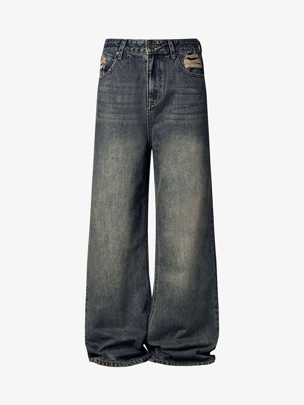 Washed Dirty-Dye Straight Jeans in dark blue