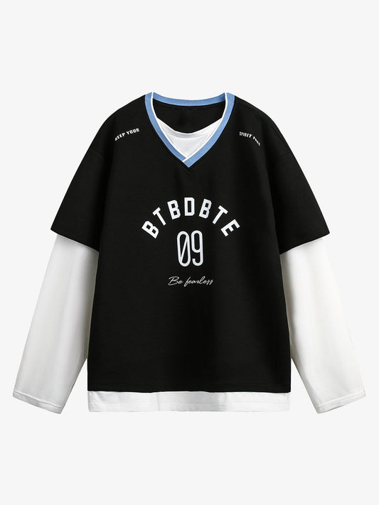 Faux Two-Piece Jersey Print Long Sleeve T-shirt - 2296 