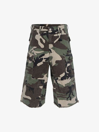 Retro Camouflage Whisker Raw Edge Cropped Shorts 