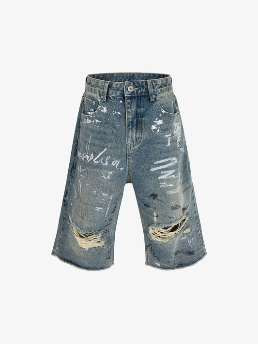 Ripped Hand-Painted Graffiti Ripped Jorts 