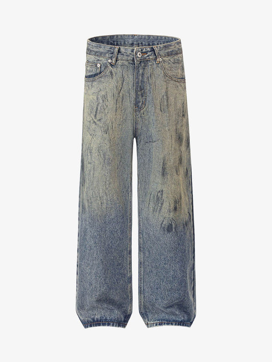 Thesupermade Distressed Washed Ink Splashed Straight Jeans 