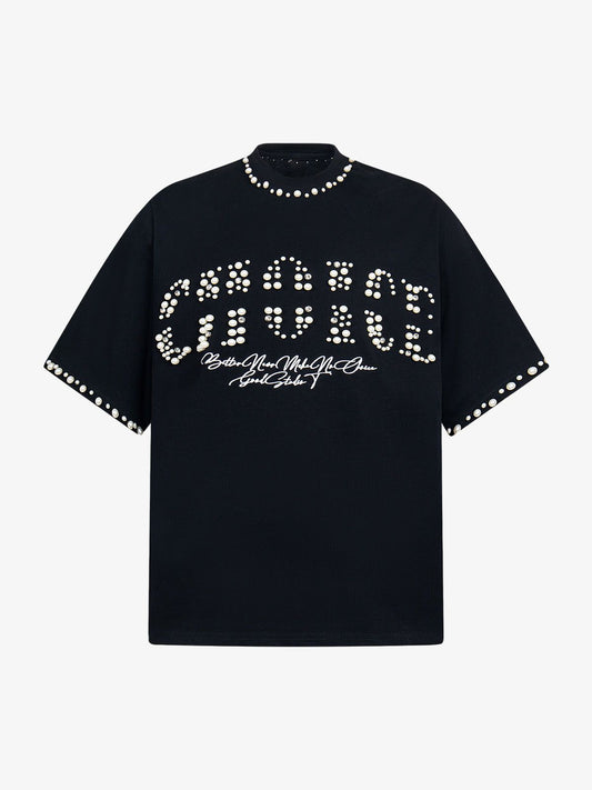 Elegant Pearl-Embellished Oversized T-Shirt 