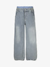 Plaid Double Waist Baggy Jeans - 2505 