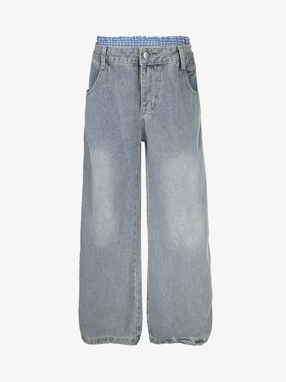 Plaid Double Waist Baggy Jeans - 2505 