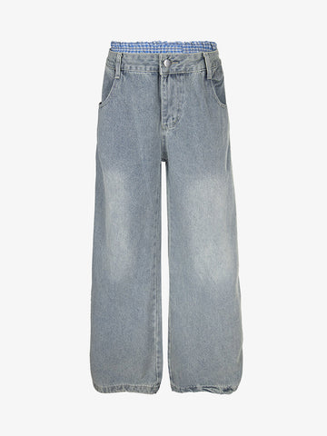 Plaid Double Waist Baggy Jeans - 2505 