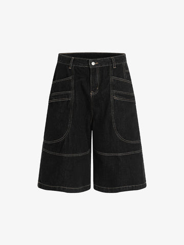 Contrast Stitched Patch Pocket Denim Jorts 