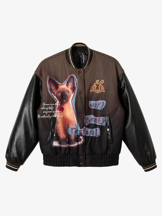 Thesupermade Siamese Cat Embroidery Leather Bomber Jacket - 2217 