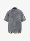 Distressed Denim Ripped Short-Sleeve Shirt 