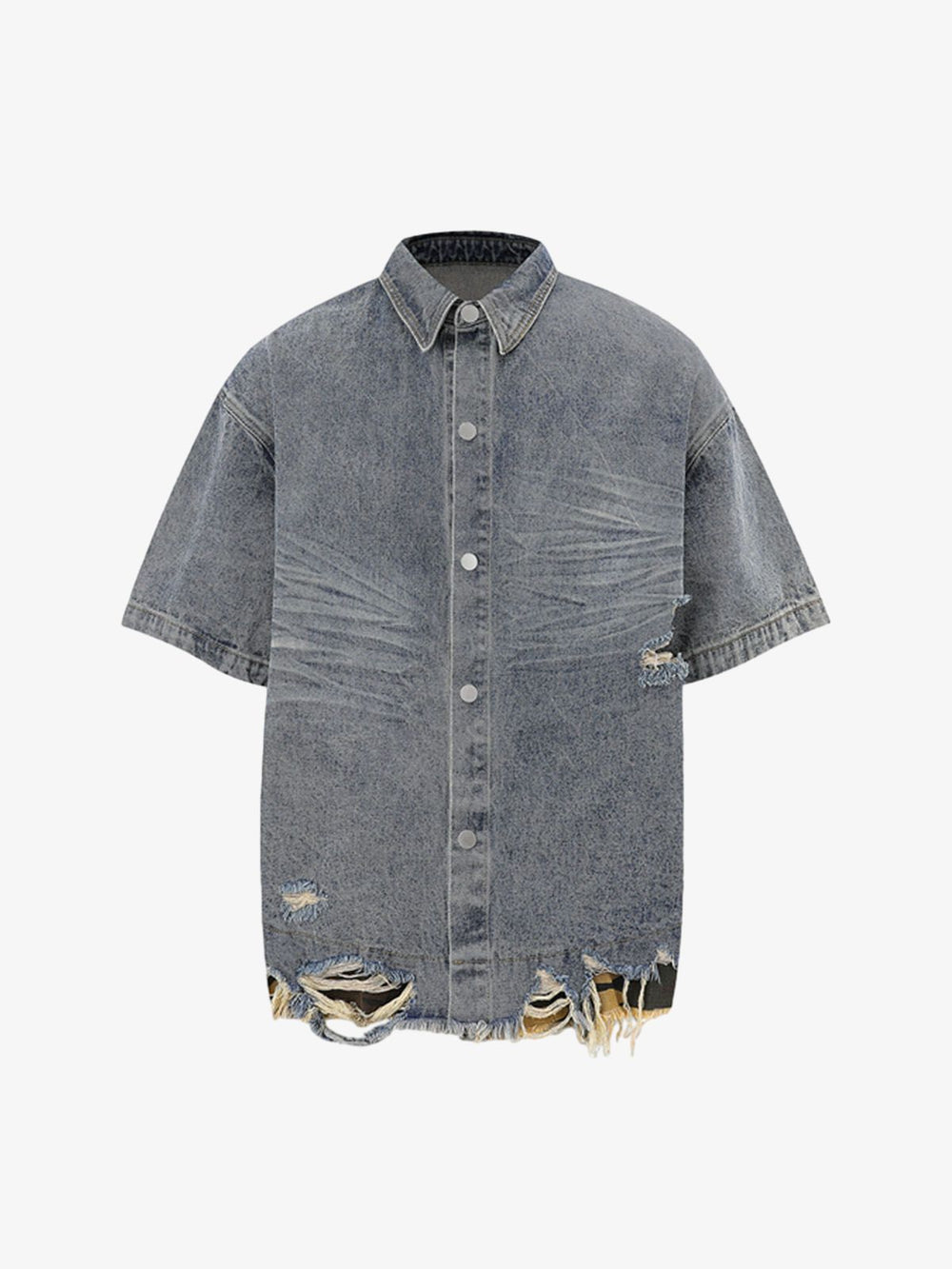 Distressed Denim Ripped Short-Sleeve Shirt 