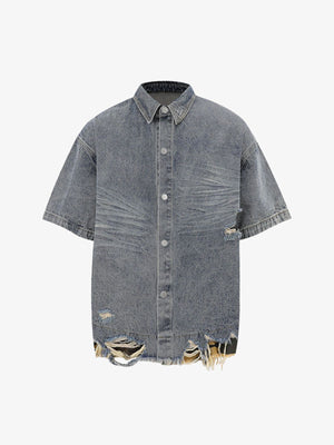 Distressed Denim Ripped Short-Sleeve Shirt 