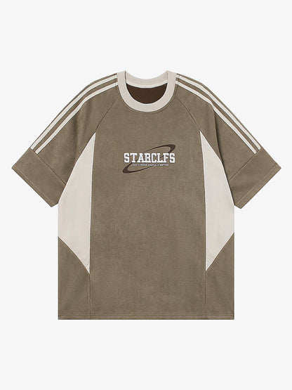 Suede Contrast Color Spliced Letter Embroidery Oversize T-shirt 
