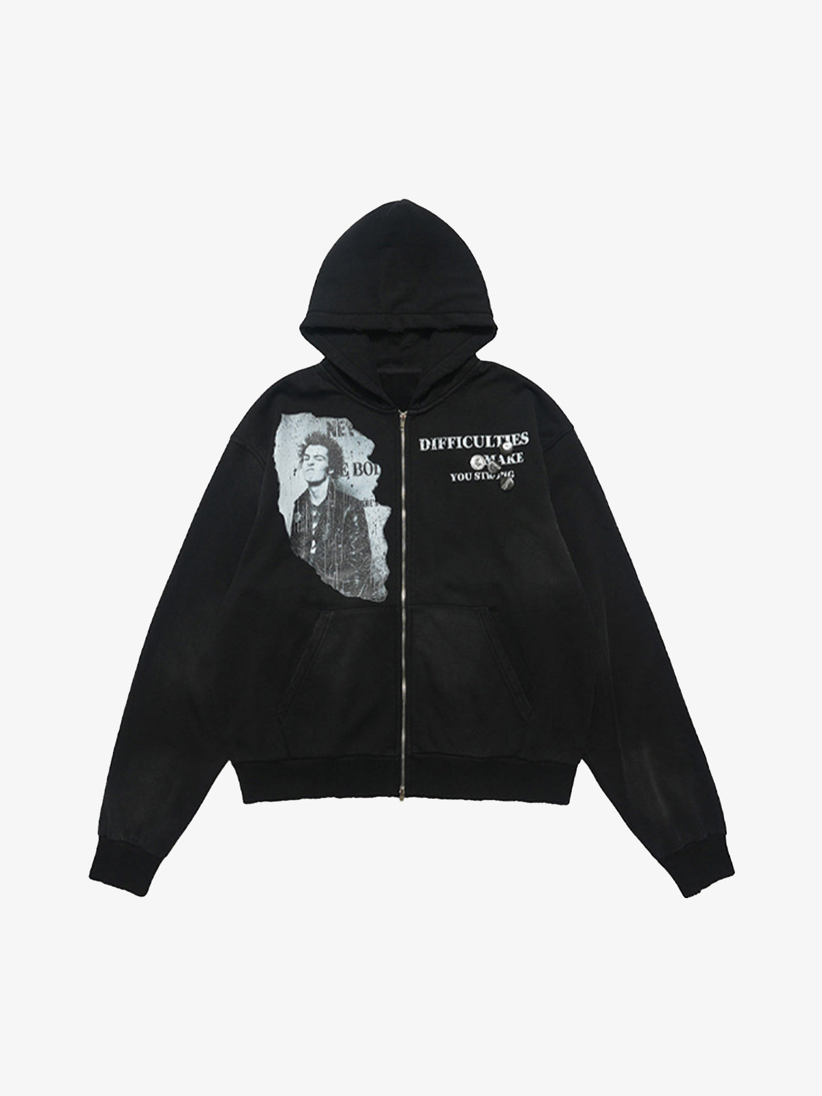 Washed Distressed Retro Portrait Print Double Zipper Hoodie 