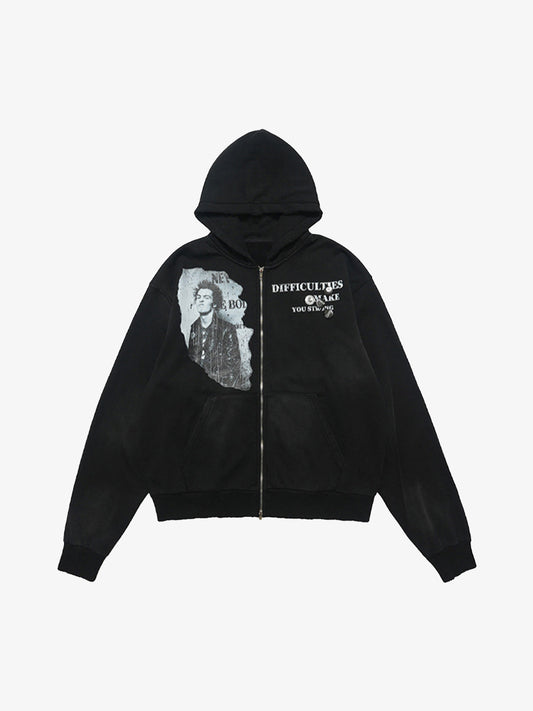 Washed Distressed Retro Portrait Print Double Zipper Hoodie 