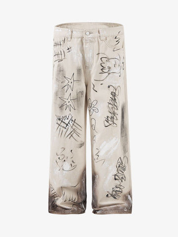 Distressed Washed Graffiti Baggy Jeans 
