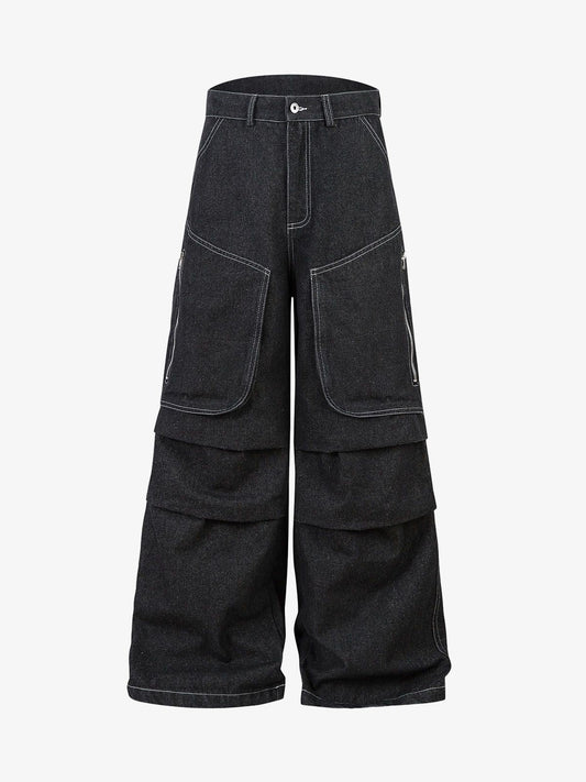 Deconstructed Split Topstitched Pleated Pocket Jeans 
