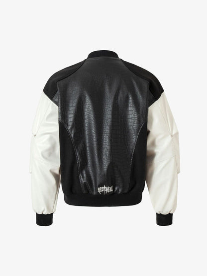 Gothic Cross Embroidery Crocodile Leather Bomber Jacket 