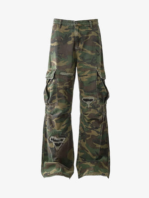 Ripped Camouflage Flared Cargo Pants - 2410 