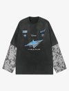 Washed Faux Two-Piece Racing Long Sleeve T-shirt 