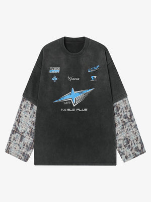 Washed Faux Two-Piece Racing Long Sleeve T-shirt 