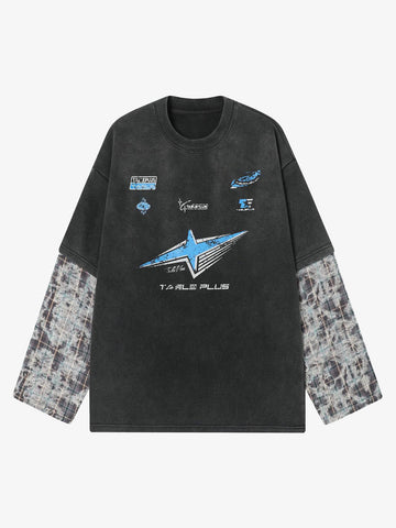 Washed Faux Two-Piece Racing Long Sleeve T-shirt - 2543 