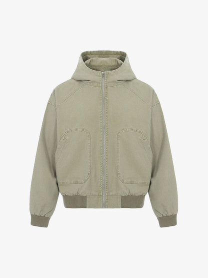 Washed Distressed Patchwork Work Hooded Jacket 