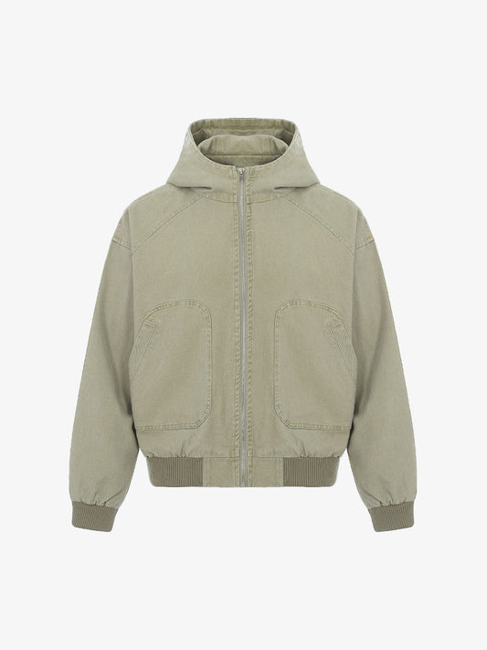 Washed Distressed Patchwork Work Hooded Jacket 