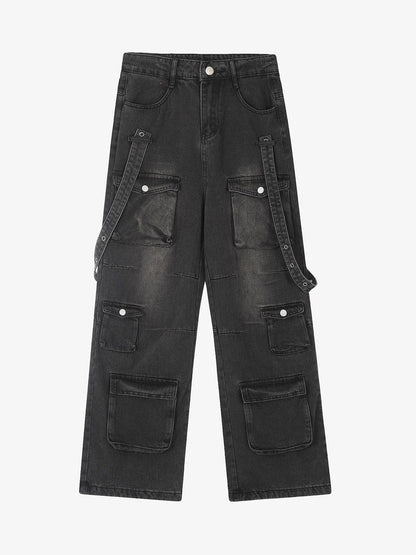 Thesupermade Vintage Washed Web Rivets Hip-Hop Jeans 