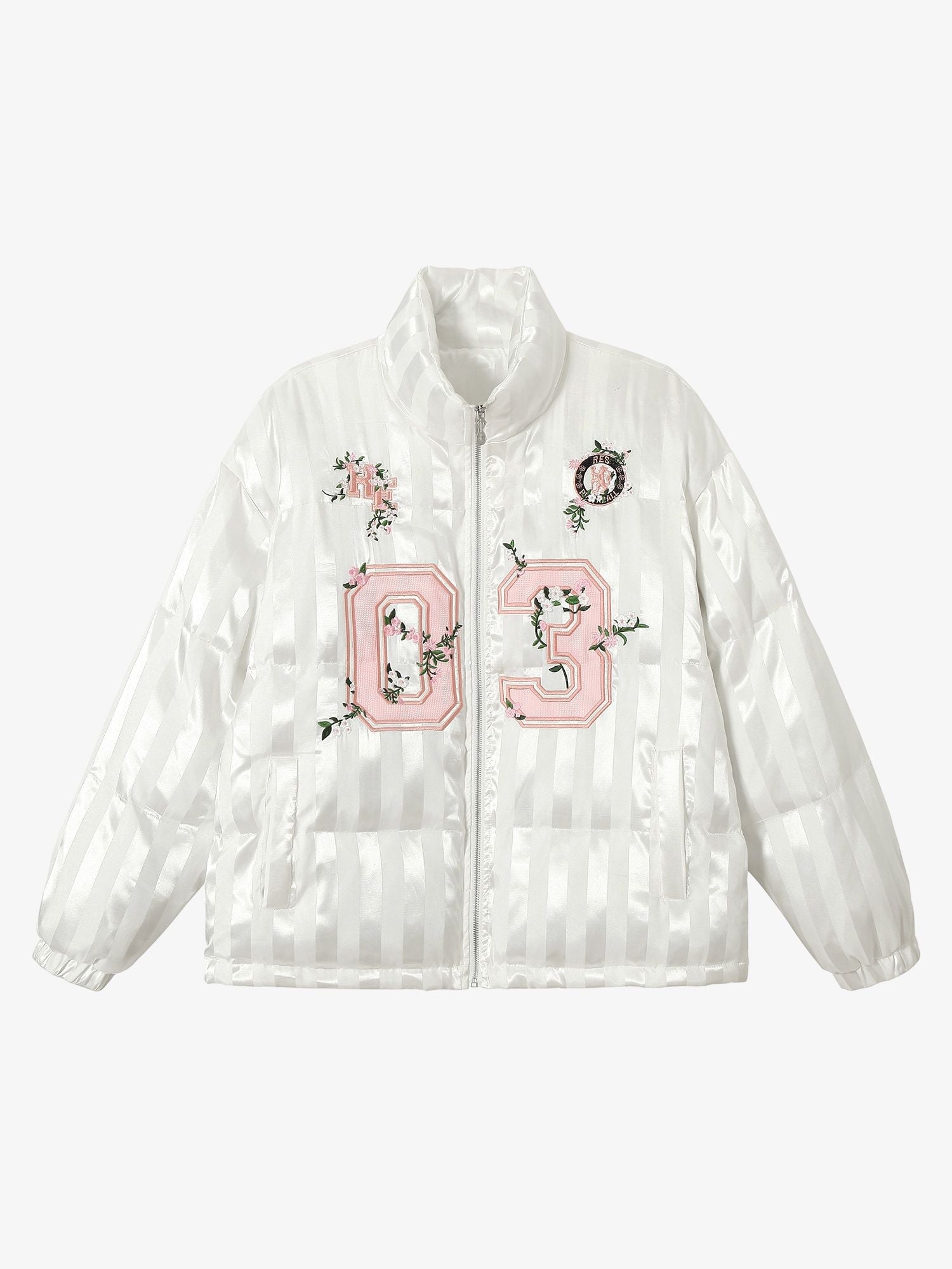 Thesupermade Floral Letter Embroidered Stand Collar Cotton Coat 