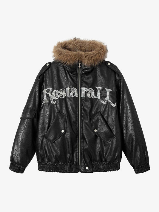 Lace Lettering Fur Hooded Leather Quited Jacket 