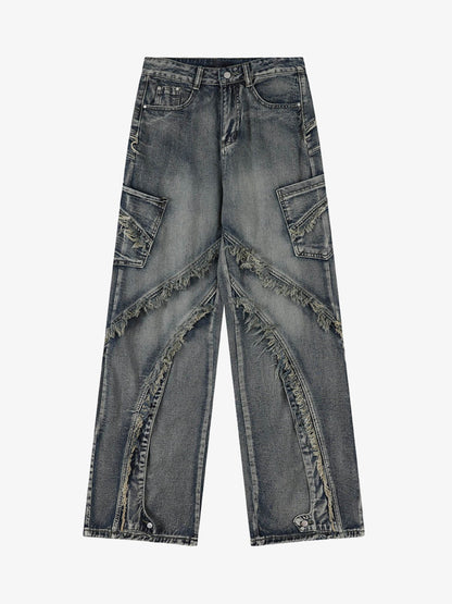 Thesupermade Washed Side Pocket Raw Edge Baggy Jeans - 2303 