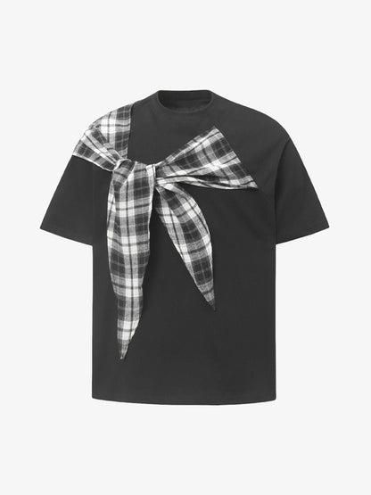Plaid Scarf Crew Neck T-Shirt 