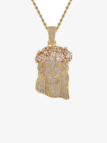 Rhinestone Hotfix Jesus Pendant Copper Necklace - 2441 