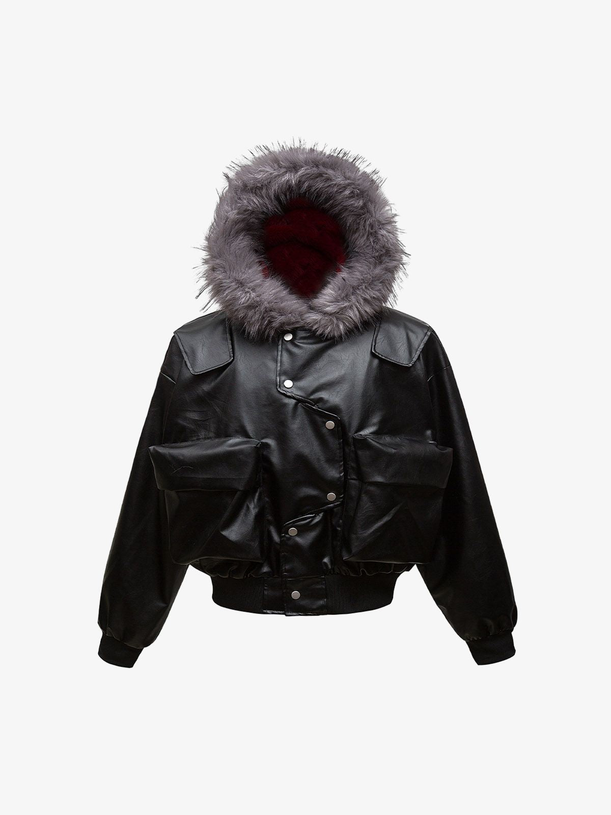 Deconstructed Pocket Fur Hooded PU Leather Jacket 2566
