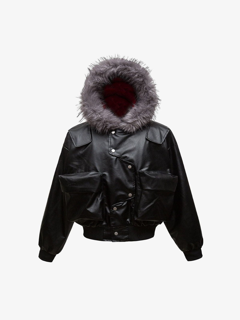 Deconstructed Multi Pocket Fur Hooded PU Leather Jacket - 2566 