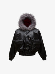 Deconstructed Multi Pocket Fur Hooded PU Leather Jacket - 2566 