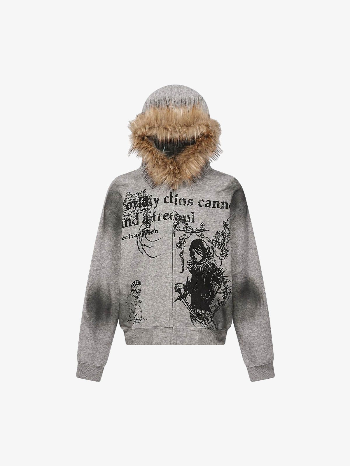 Gray Mortemartt graphic hoodie with tan hood trim
