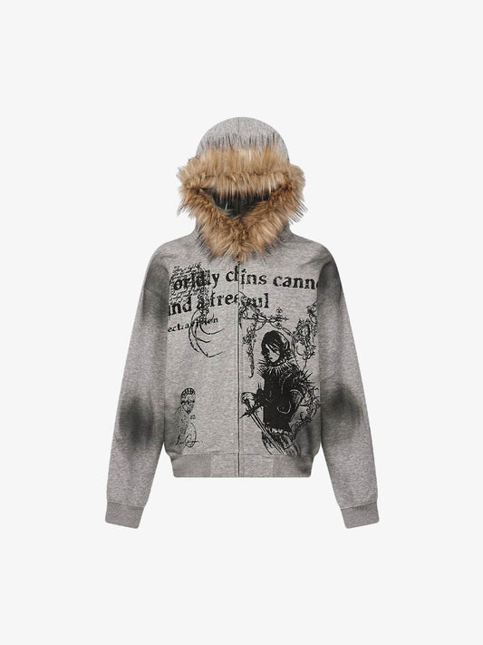 Thesupermade Wasteland Style Cardigan Zip UP Fur Hooded Jacket - 2279 