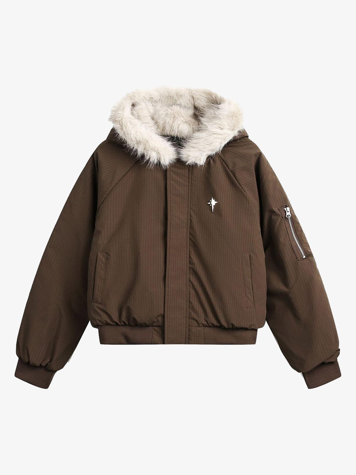 Retro Fur Hooded Fleece Bomber Jacket 