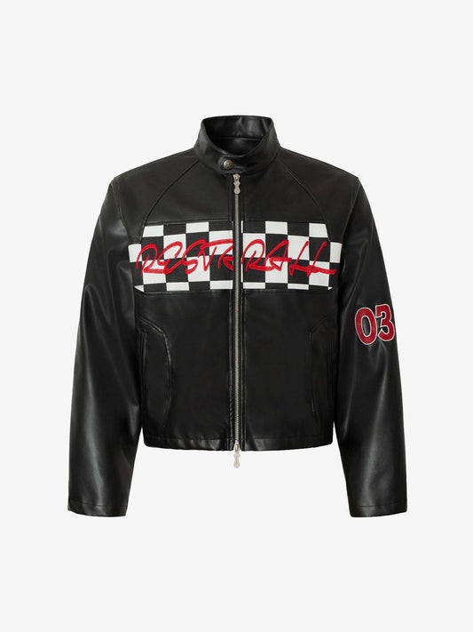 Plaid Stitching Motorcycle Leather Jacket 