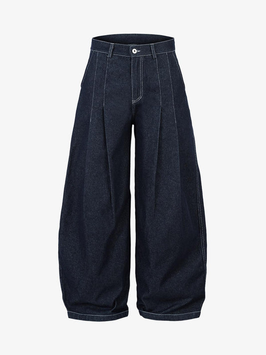 Deconstructed Contrast Stitching Pleated Baggy Barrel Jeans - 2343 