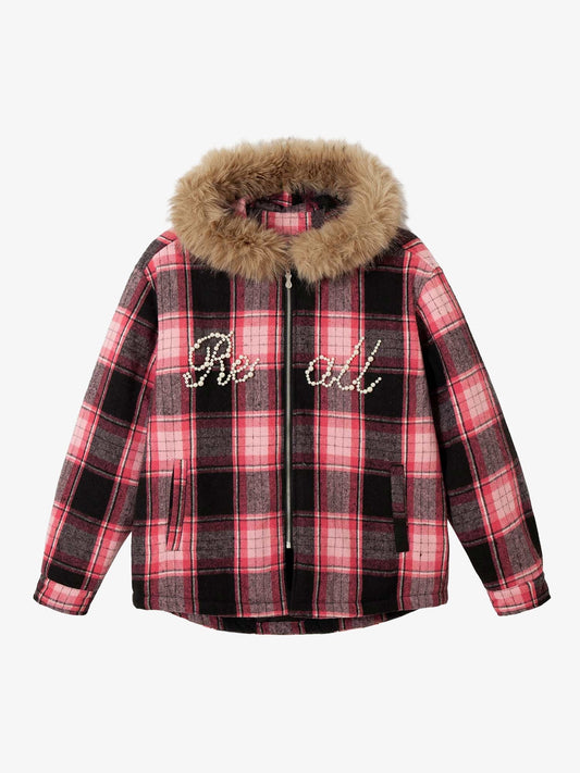 Thesupermade Beaded Fur Collar Padded Plaid Jacket 