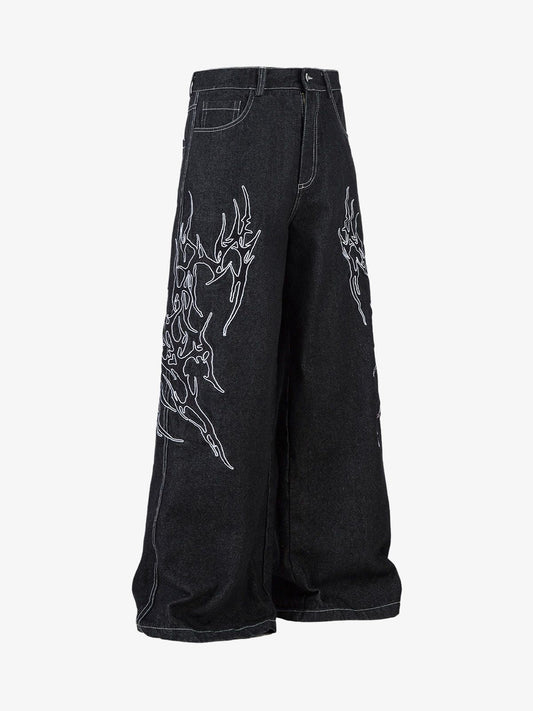 Embroidered Flame Baggy Jeans 