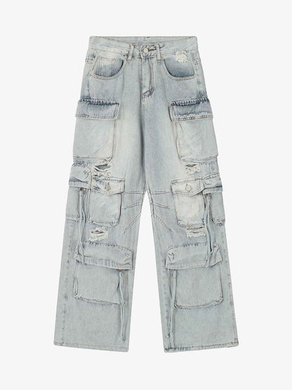 Thesupermade Washed Multi-pocket Work Cargo Jeans - 1830 