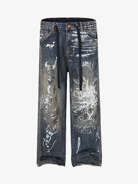 Print Hand-Painted Graffiti Drawstring Baggy Jeans 