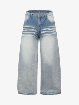 Distressed Washed Whisker Pleated Barrel Jeans 