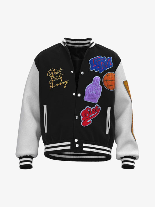 Thesupermade Leather Patchwork  Embroidery Quilted Bomber Jacket 