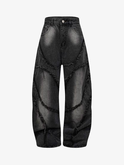 Washed Distressed Raw Edge Barrel Jeans - 2402 