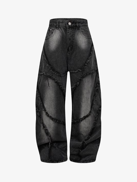 Washed Distressed Raw Edge Barrel Jeans - 2402 