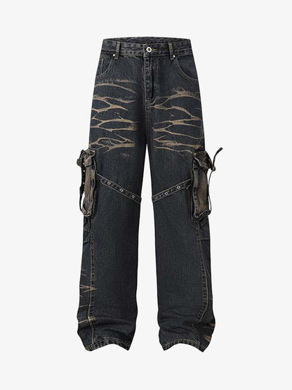 Vintage Washed Distressed Multi Pocket Cargo Jeans 